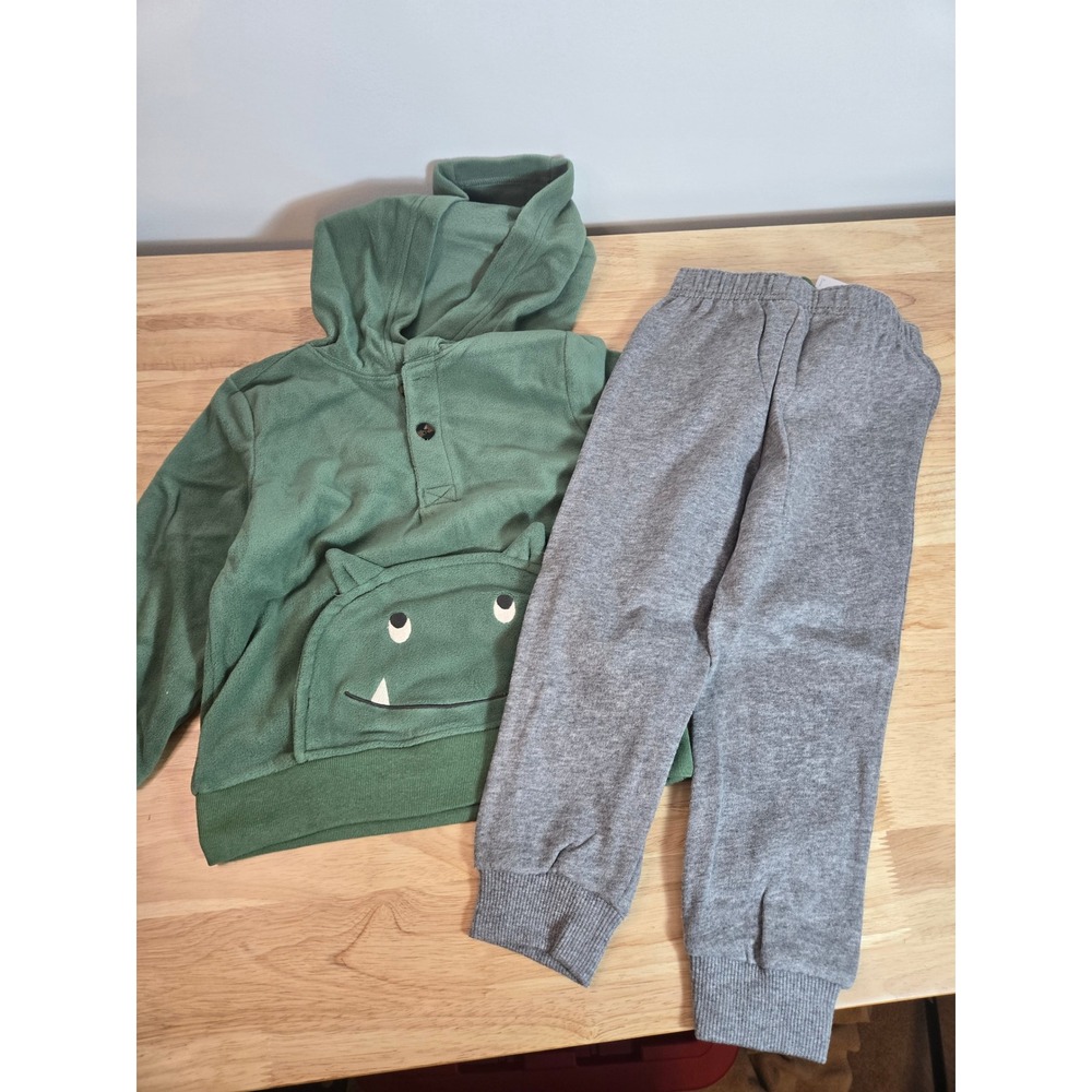 Carters Toddler Boys 3T Green Monster Fleece Hoodie and Gray Jogger Pants Set